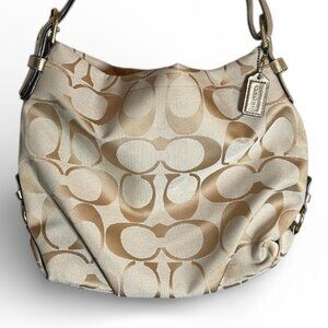 Coach Signature Khaki Shoulder Bag Pink Lining Canvas Single Strap Purse Logo